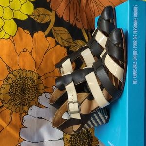 John Fluevog Black &White Purpose Objective Fisherman Strappy Heels